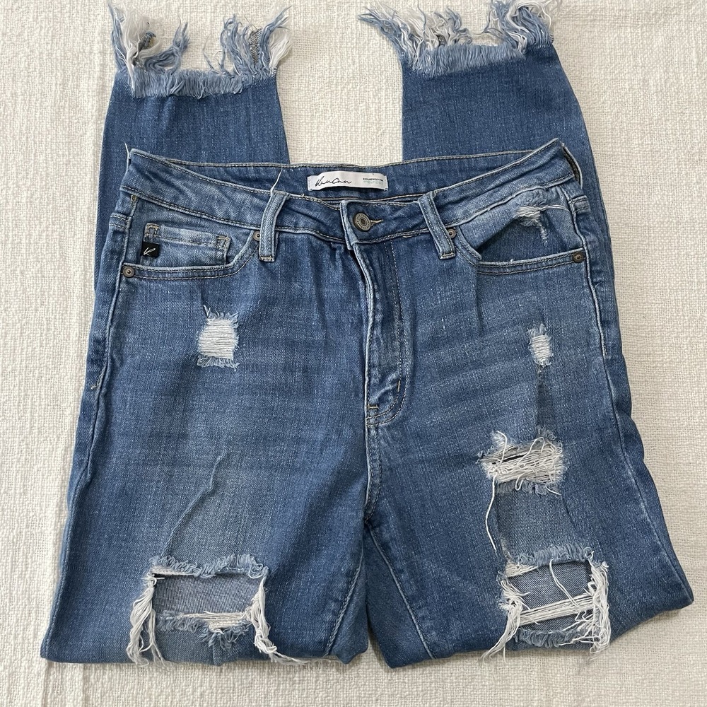 KanCan Jeans Women's 28 Blue Denim Distressed Medium Wash‎ Cotton Frayed Hem